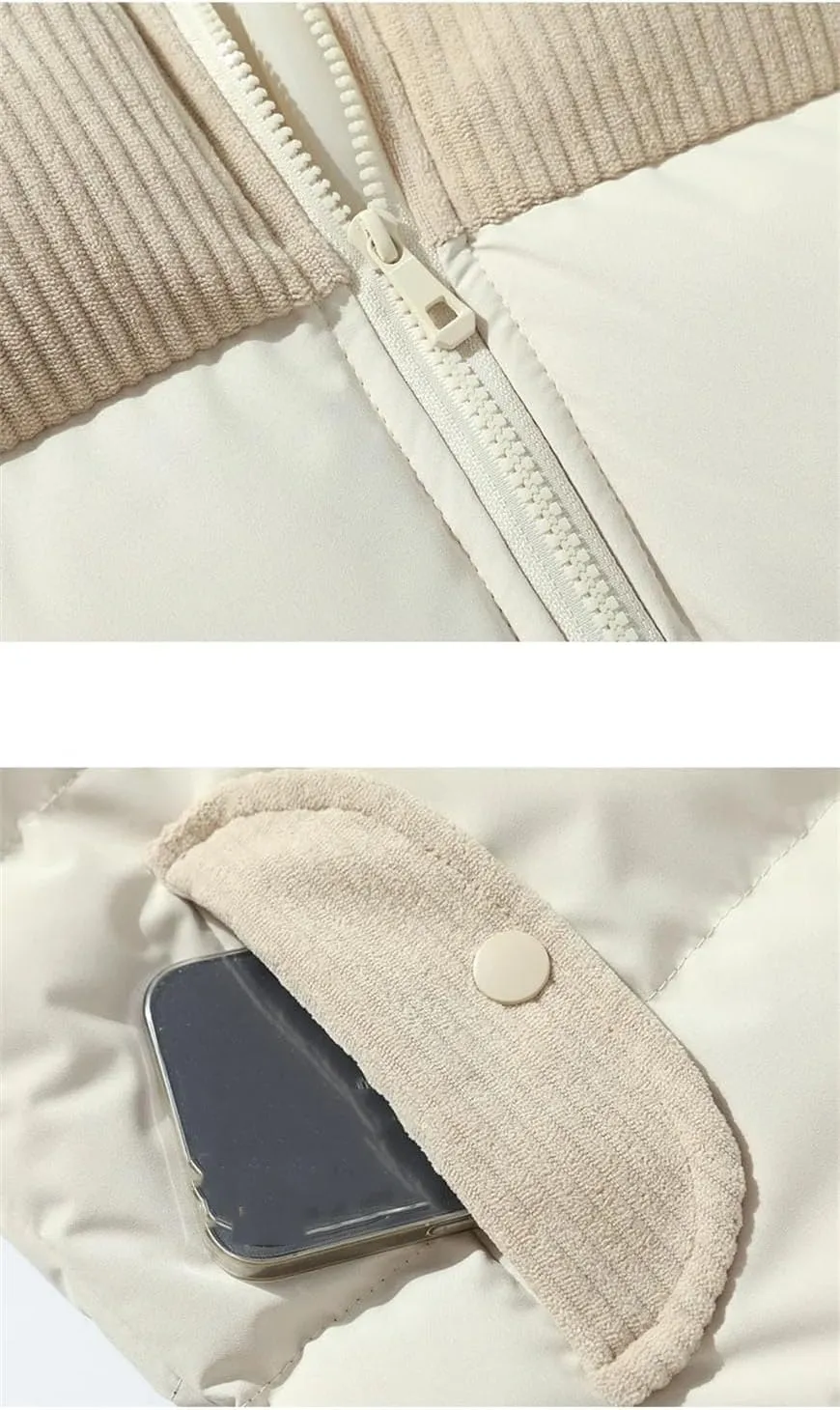 Men Patchwork Corduroy Stand Collar Cotton-Padded Jacket Classic Oversized Parka Coat