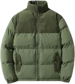 Men Patchwork Corduroy Stand Collar Cotton-Padded Jacket Classic Oversized Parka Coat