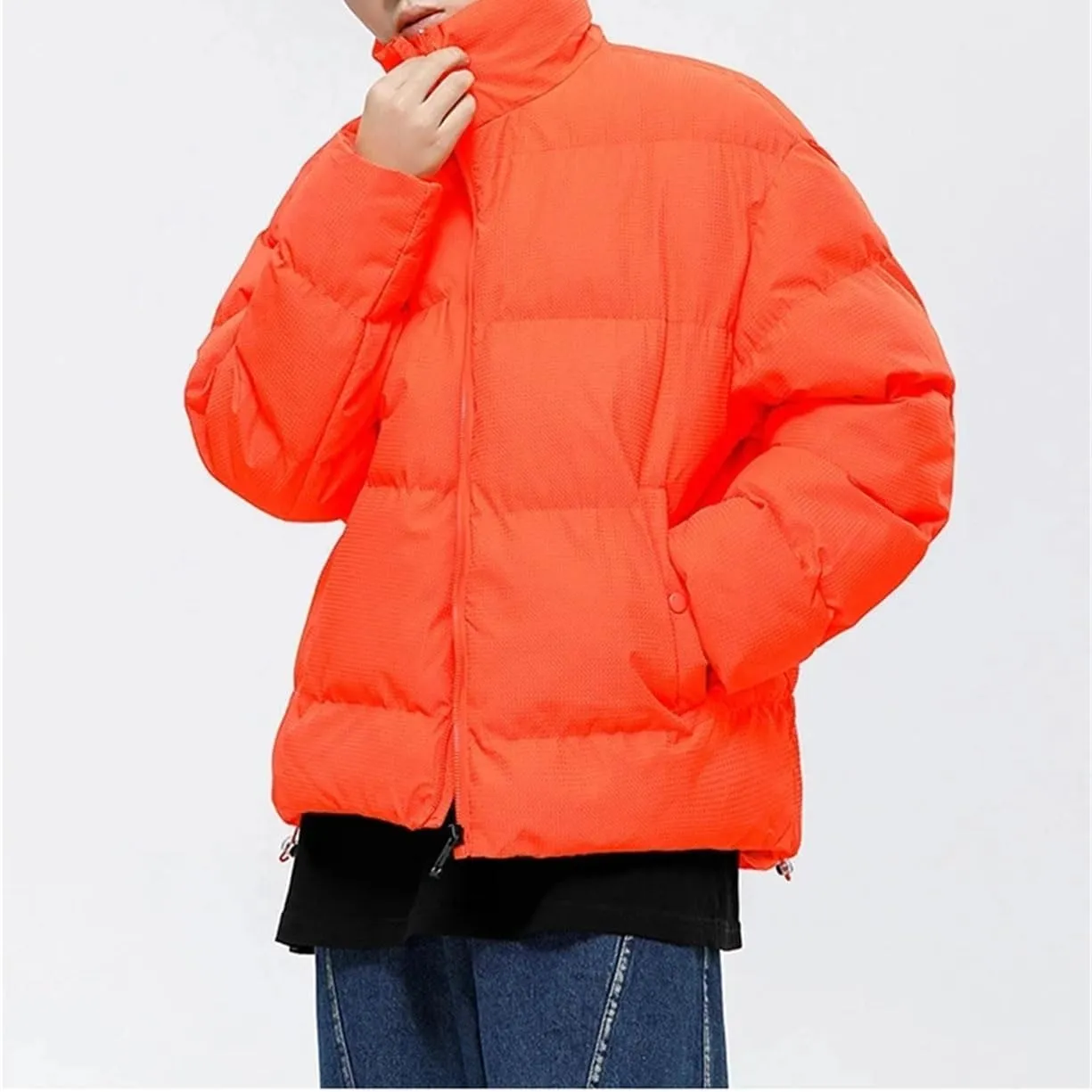 Men Solid Stand Collar Cotton-Padded Classic Outdoor Oversized Button Pockets Parka Coat