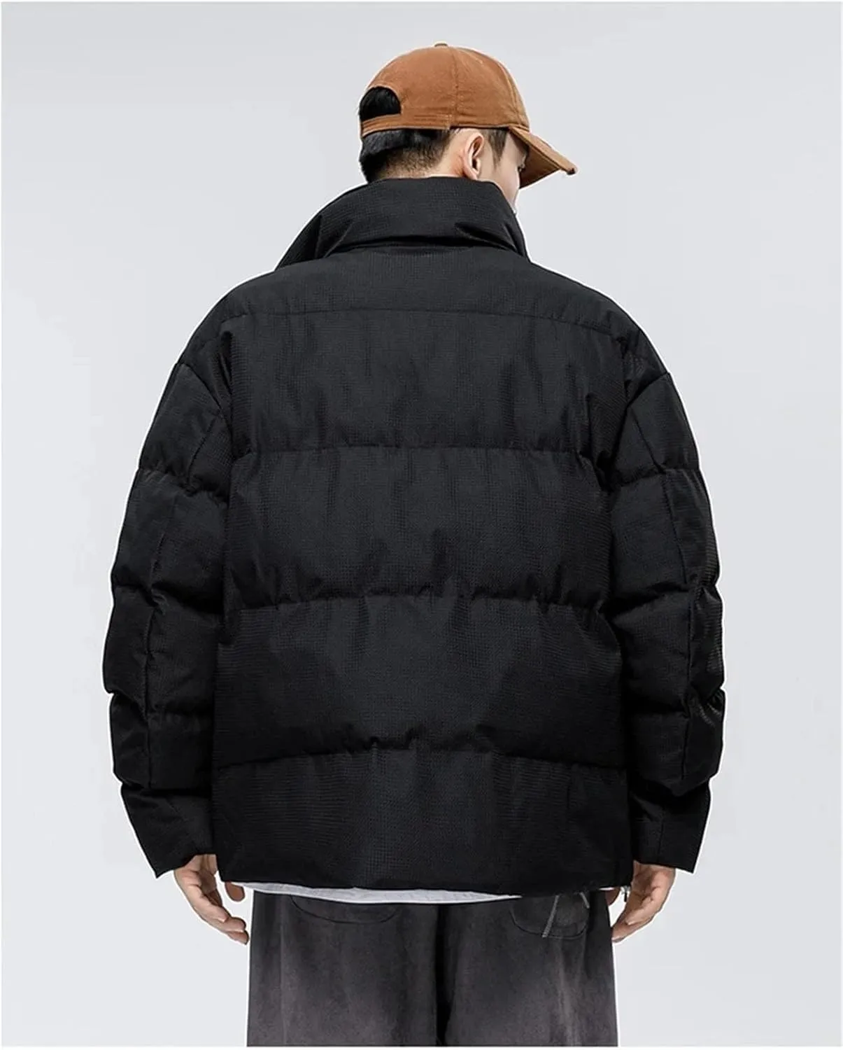 Men Solid Stand Collar Cotton-Padded Classic Outdoor Oversized Button Pockets Parka Coat