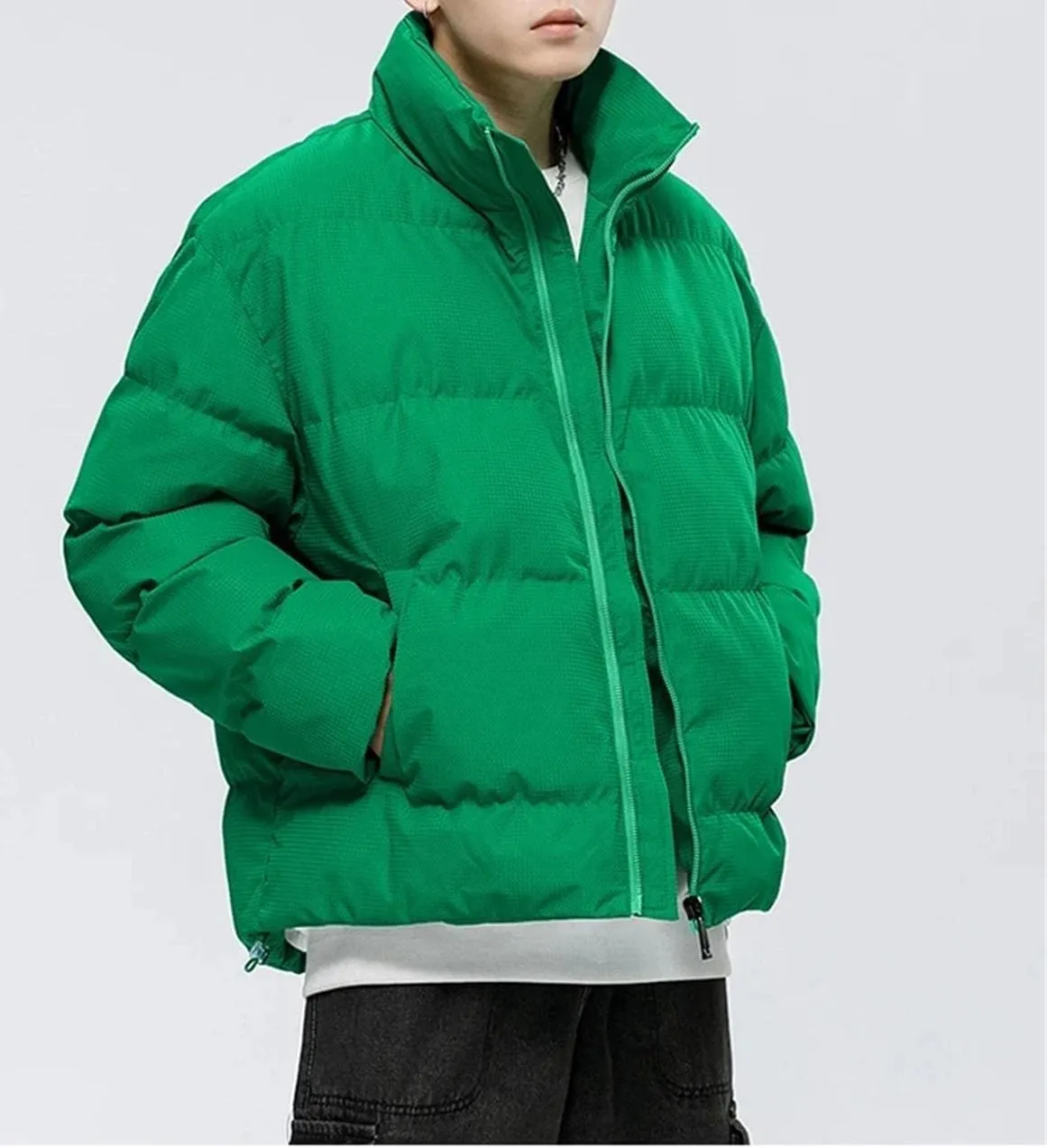 Men Solid Stand Collar Cotton-Padded Classic Outdoor Oversized Button Pockets Parka Coat