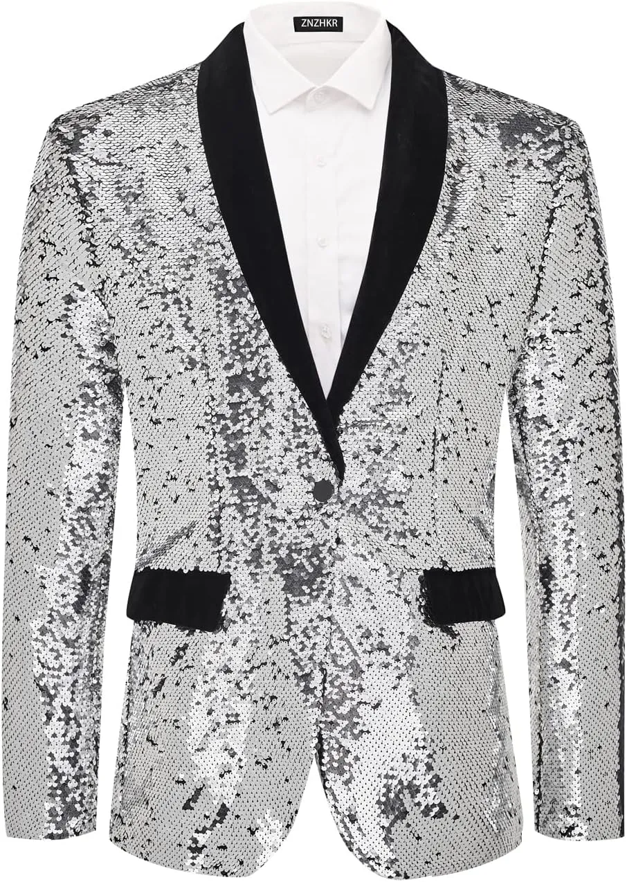Men's 70s Disco Shiny Sequin Blazer Jacket for Weddings Prom & NightclubsSparkling Metallic Tuxedo Coat with Stretch Fabric