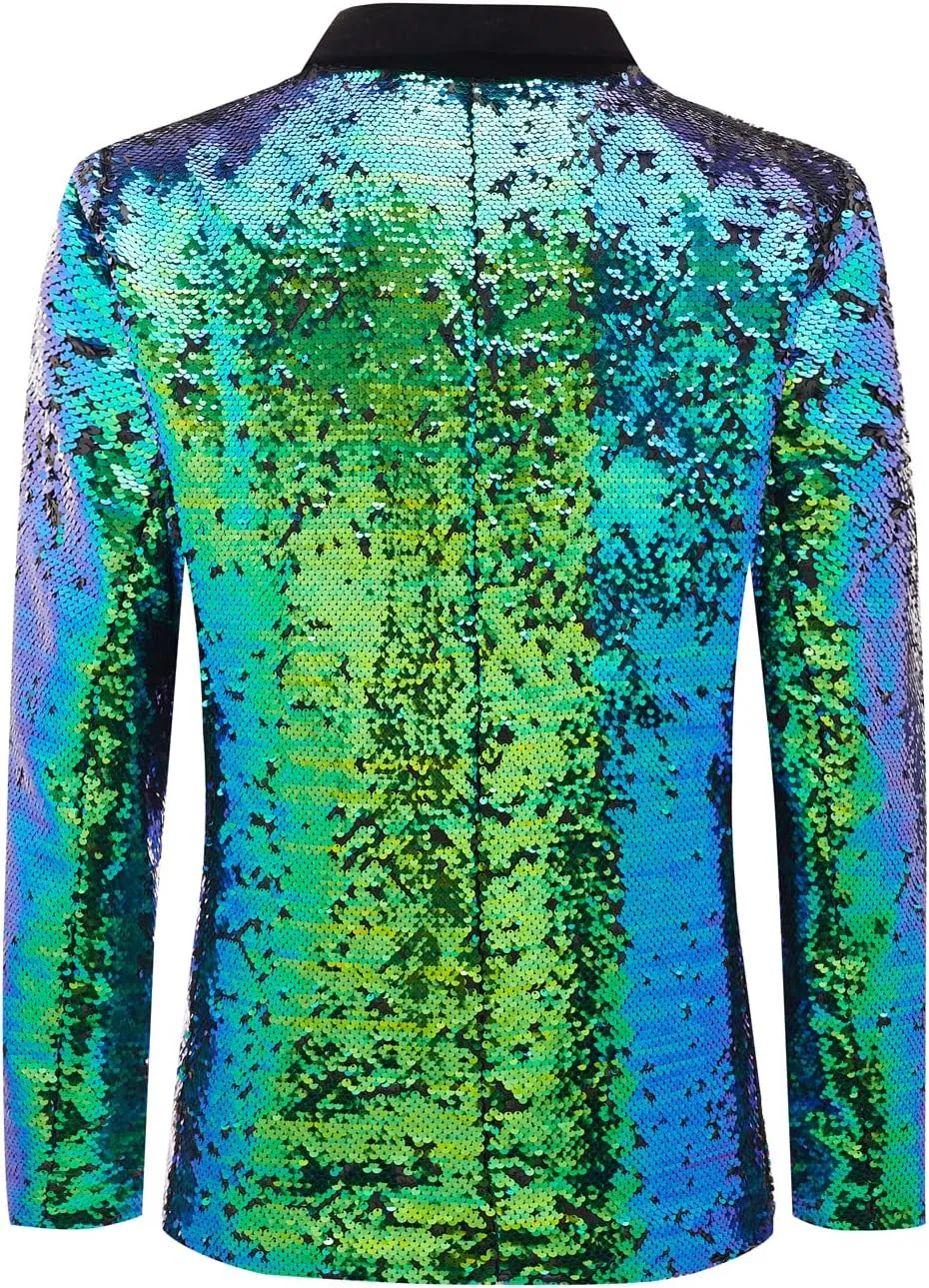 Men's 70s Disco Shiny Sequin Blazer Jacket for Weddings Prom & NightclubsSparkling Metallic Tuxedo Coat with Stretch Fabric