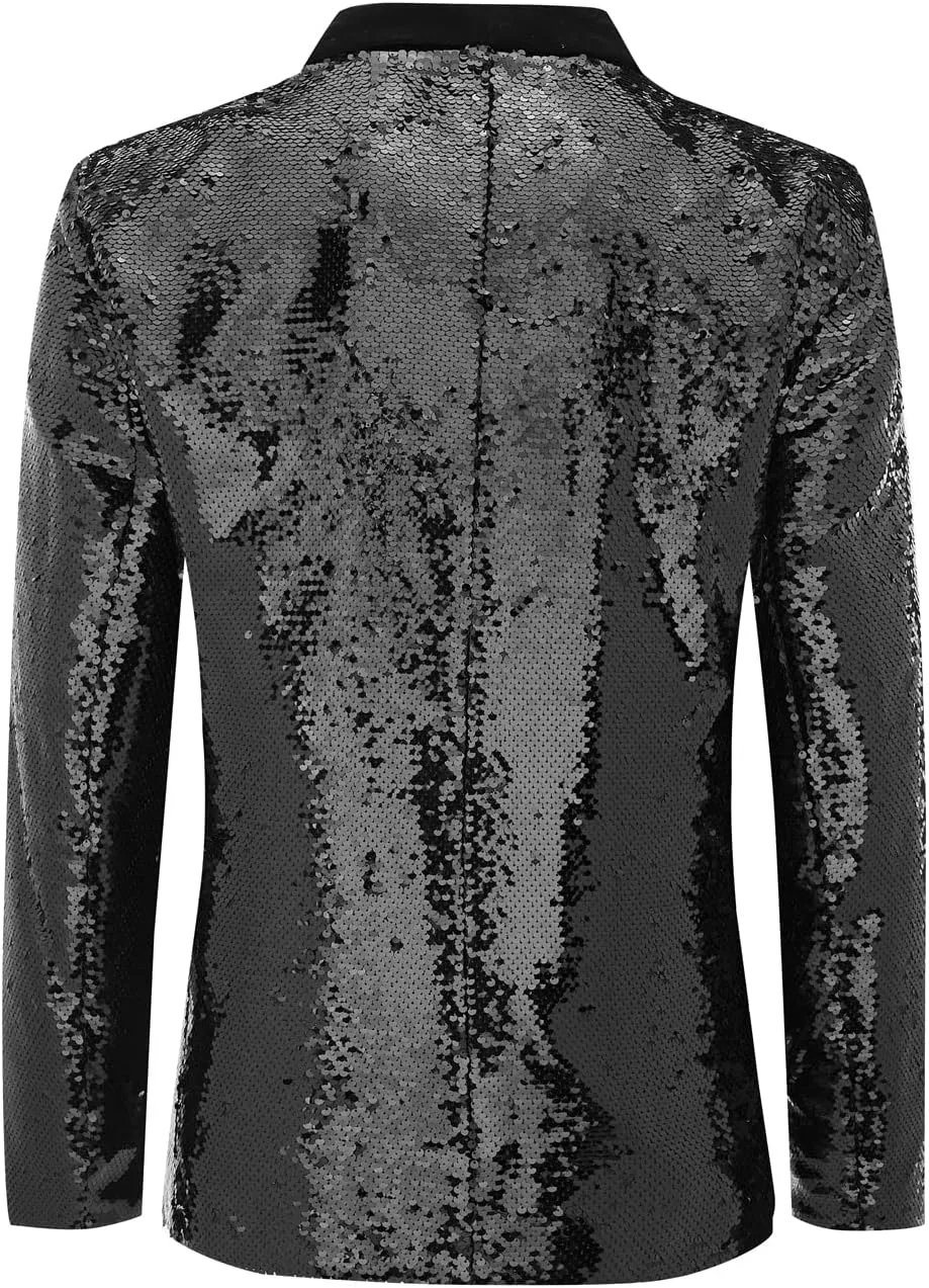 Men's 70s Disco Shiny Sequin Blazer Jacket for Weddings Prom & NightclubsSparkling Metallic Tuxedo Coat with Stretch Fabric