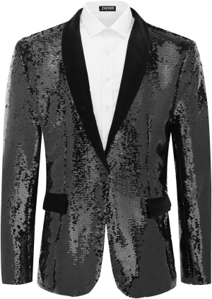 Men's 70s Disco Shiny Sequin Blazer Jacket for Weddings Prom & NightclubsSparkling Metallic Tuxedo Coat with Stretch Fabric