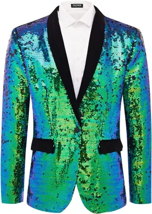 Men's 70s Disco Shiny Sequin Blazer Jacket for Weddings Prom & NightclubsSparkling Metallic Tuxedo Coat with Stretch Fabric