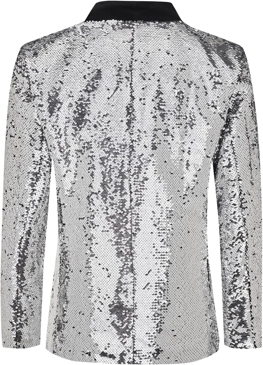 Men's 70s Disco Shiny Sequin Blazer Jacket for Weddings Prom & NightclubsSparkling Metallic Tuxedo Coat with Stretch Fabric