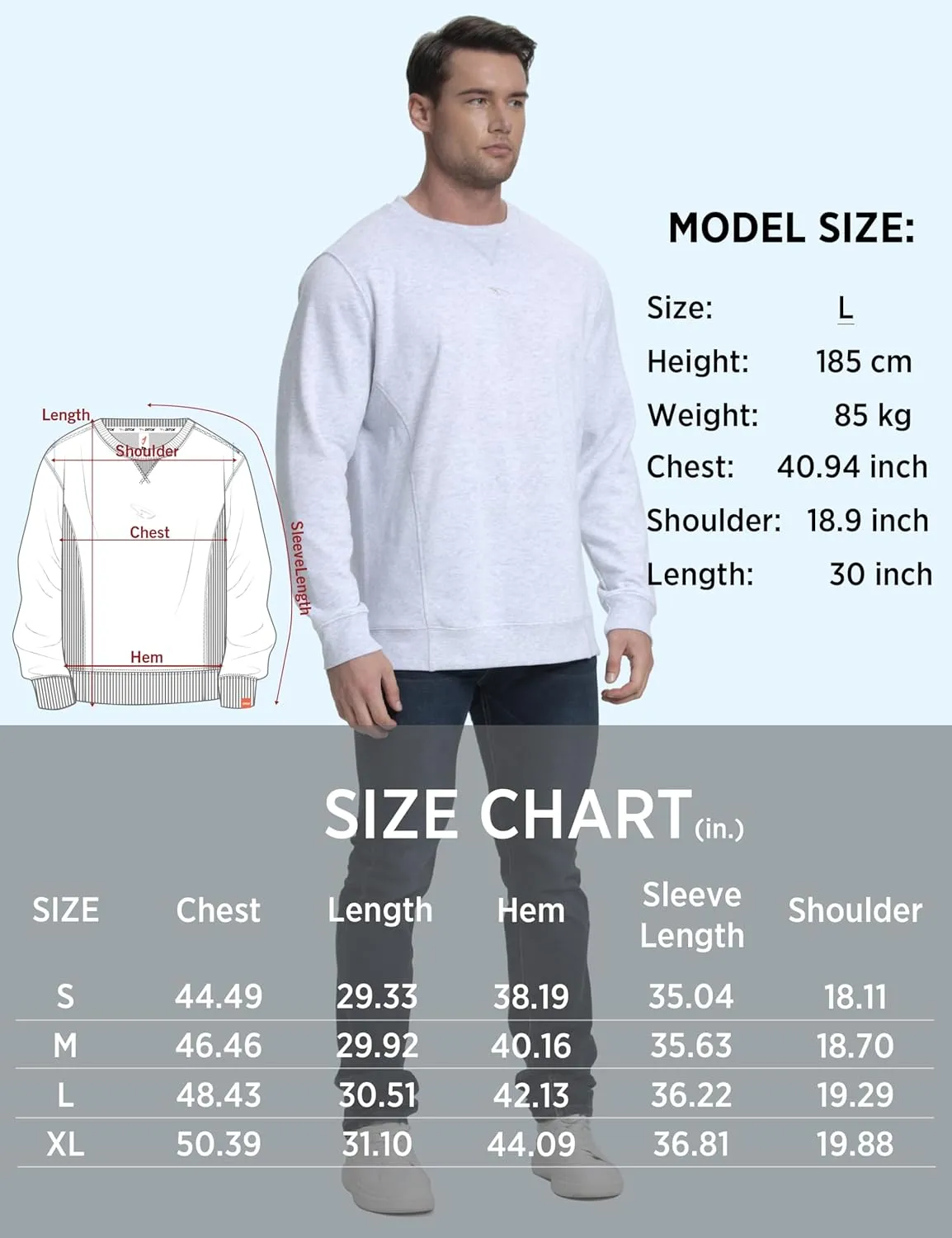 Mens Athletic Fleece Crewneck Sweatshirt Cotton-Blend Long Sleeve Casual Pullover Loose Fit Workout Sweat Shirts