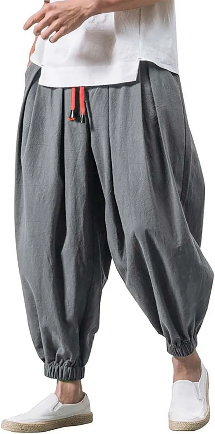 Mens Baggy Linen Pants Parachute Pants Drop Crotch Harem Pants Drawstring Joggers Trousers Pirate Pants Hippie Pants