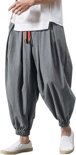 Mens Baggy Linen Pants Parachute Pants Drop Crotch Harem Pants Drawstring Joggers Trousers Pirate Pants Hippie Pants