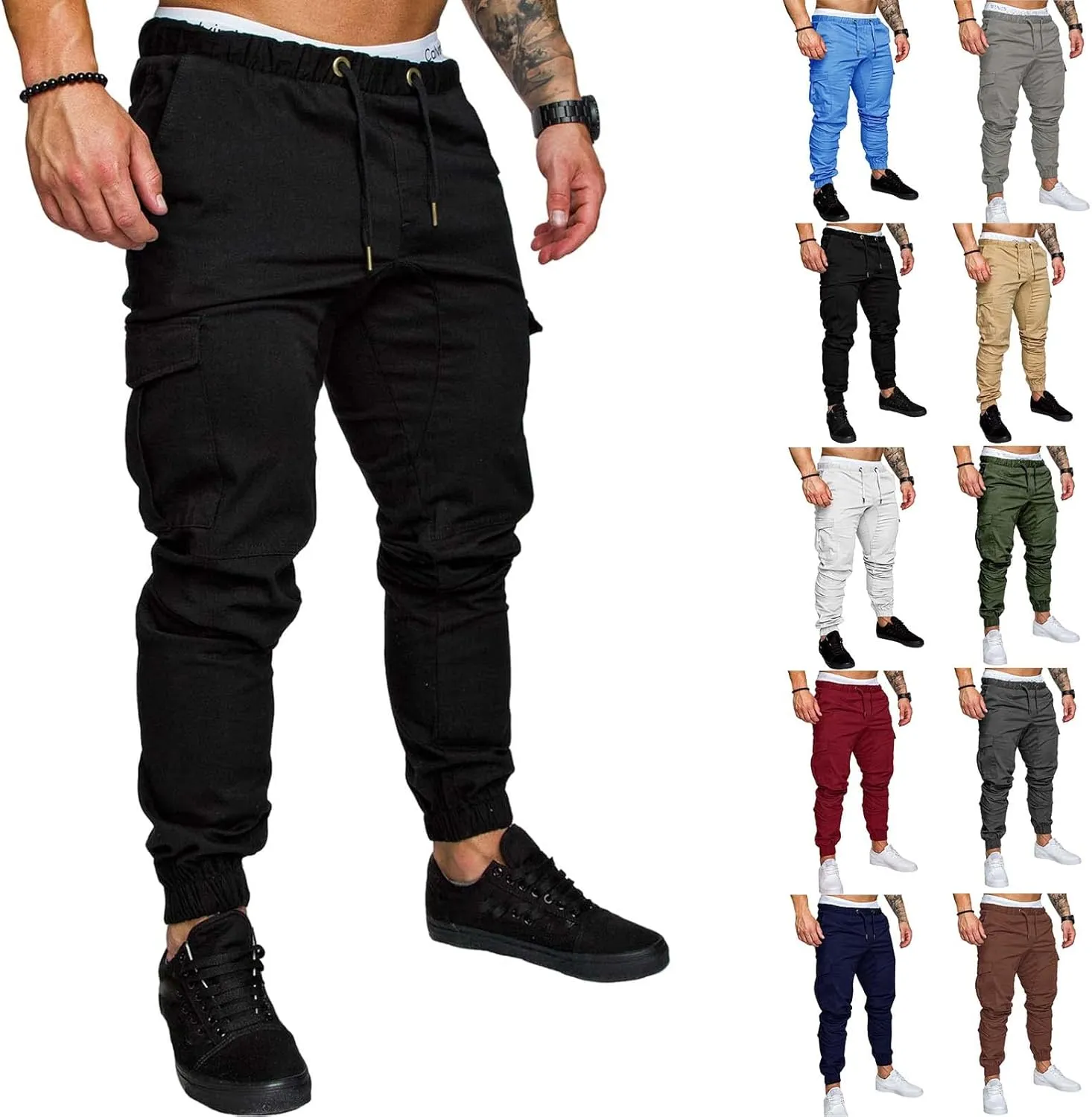 Men's Basic Stretch Woven Jogger Cargo Pants Drawstring Outdoor Summer Trousers with Pockets