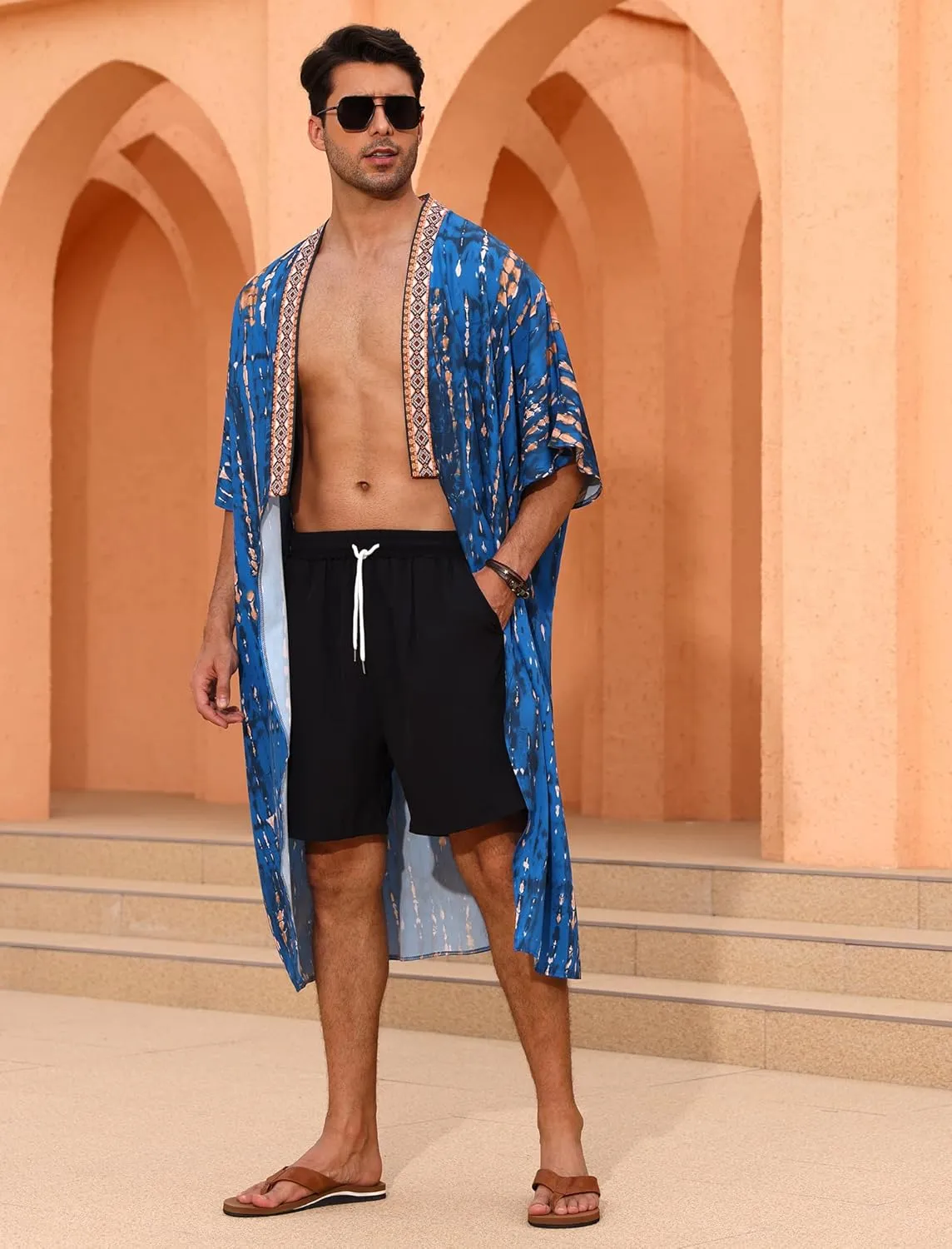 Men's Beach Open Front Cover Up Half Sleeve Floral Print Cover Up Kimono Cardigan Summre Robes Lightweight