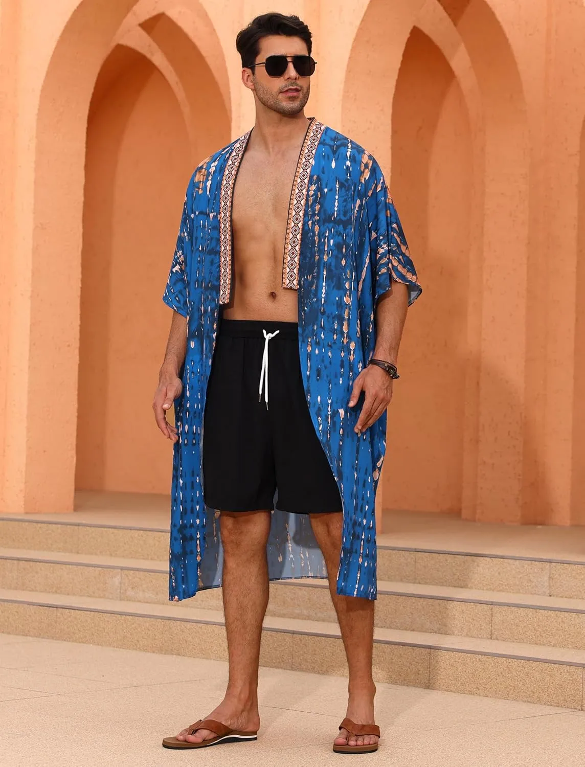 Men's Beach Open Front Cover Up Half Sleeve Floral Print Cover Up Kimono Cardigan Summre Robes Lightweight