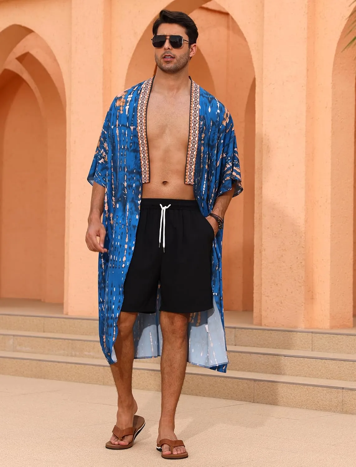 Men's Beach Open Front Cover Up Half Sleeve Floral Print Cover Up Kimono Cardigan Summre Robes Lightweight