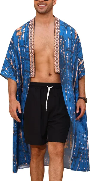 Men's Beach Open Front Cover Up Half Sleeve Floral Print Cover Up Kimono Cardigan Summre Robes Lightweight