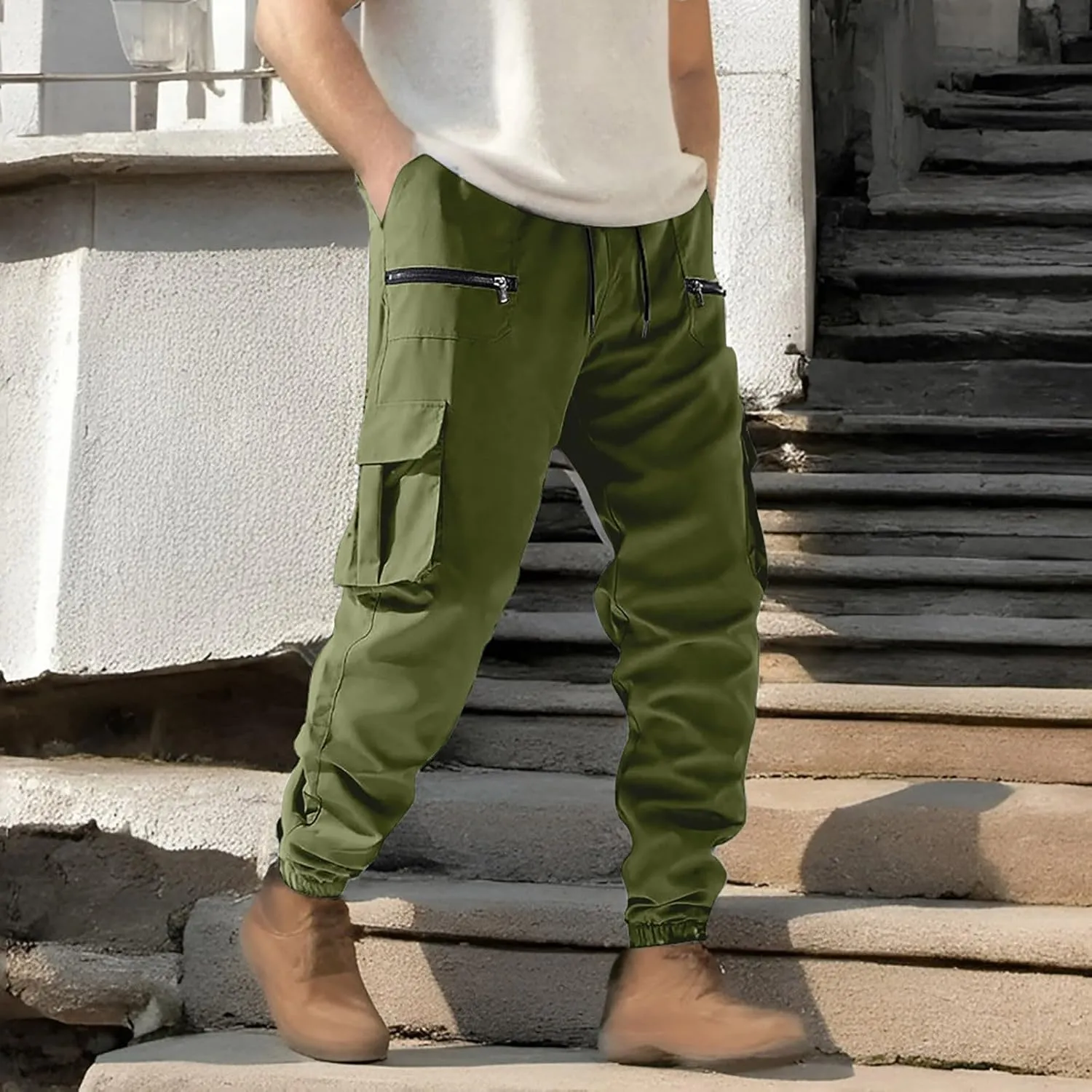 Men's Cargo Jogger Pants Ripstop Lightweight Casual Sweatpants for Athletic Fishing Travel Work Trousers Zip Pockets