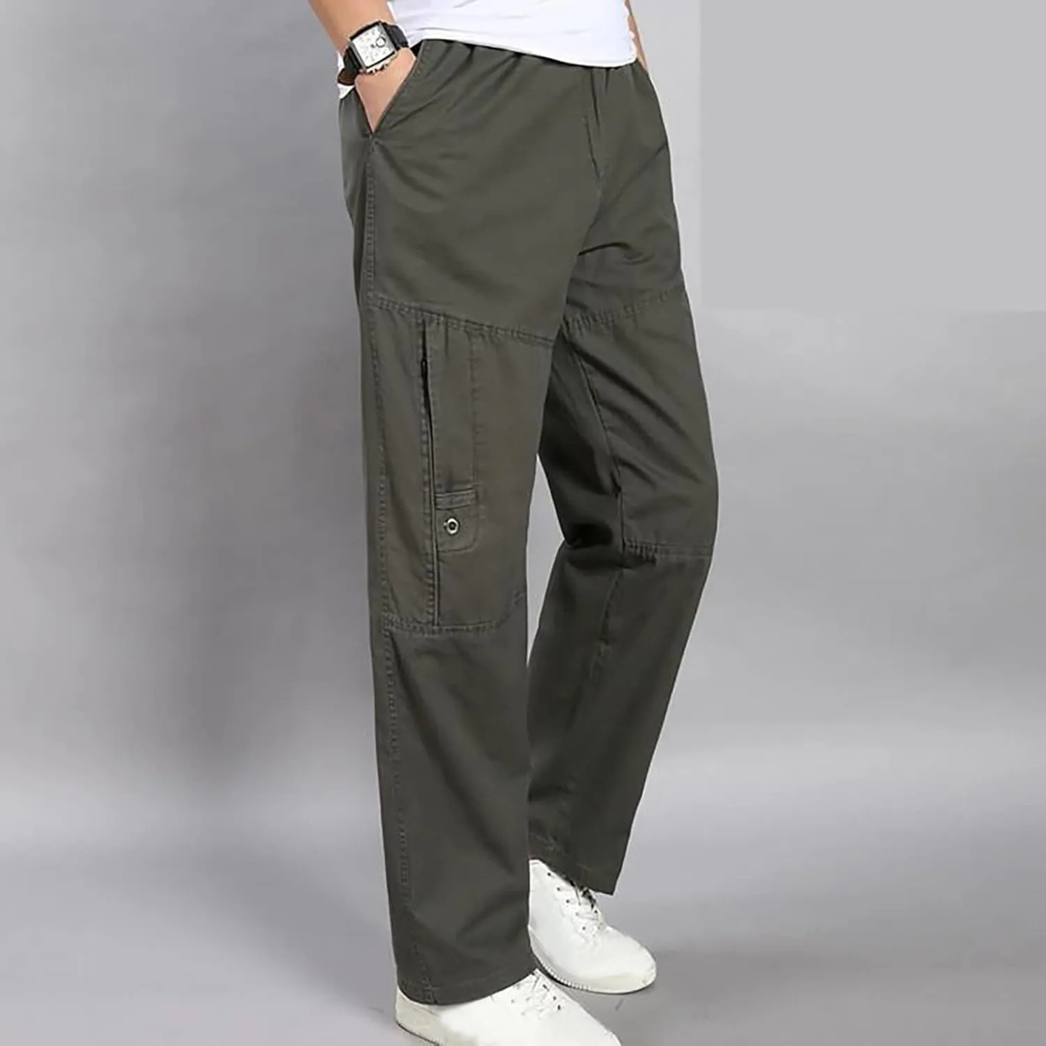 Mens Cargo Pants Elastic Waist Stretch Pants Big and Tall Workout Pants Loose Fit Hiking Pants Casual Pants
