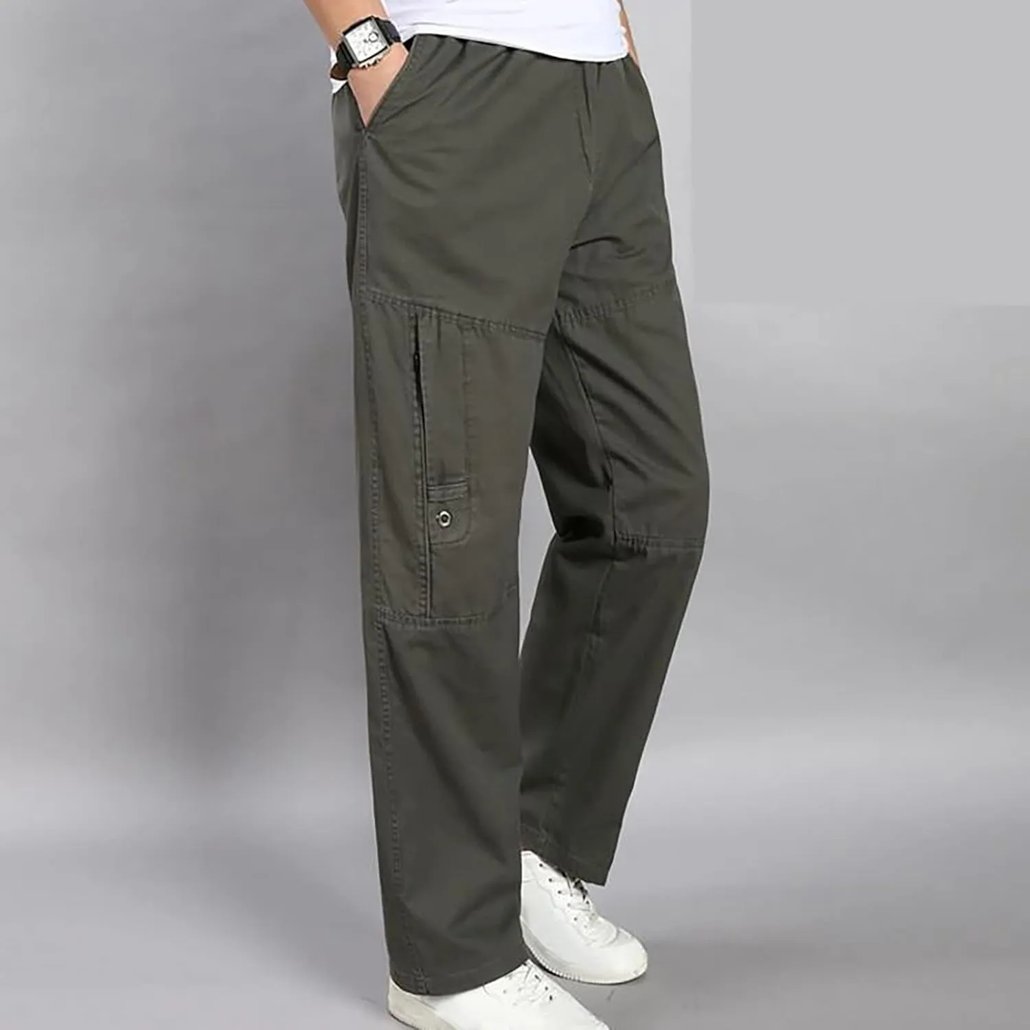 Mens Cargo Pants Elastic Waist Stretch Pants Big and Tall Workout Pants Loose Fit Hiking Pants Casual Pants