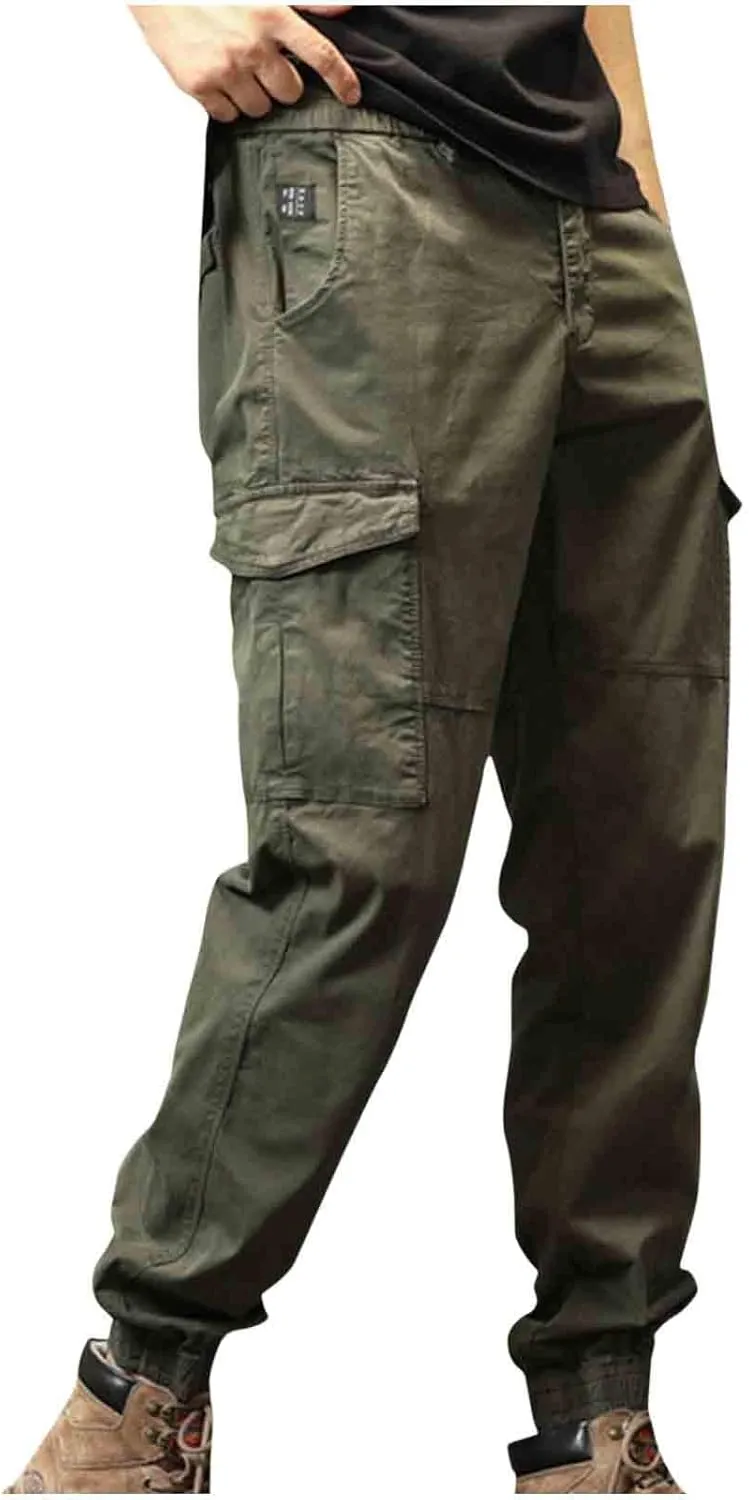 Men's Cargo Pants Lightweight Elastic Waist Pants Loose fit Jogger Pants Outdoor Hiking Pants Active Pants with Pockets
