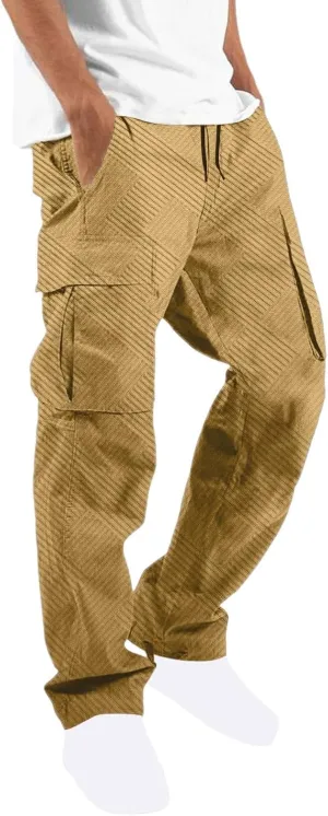 Men??s Cargo Pants Plus Size Drawstring Elastic Waist Summer Work Pants Casual Plain Sport Trousers with Multi Pockets