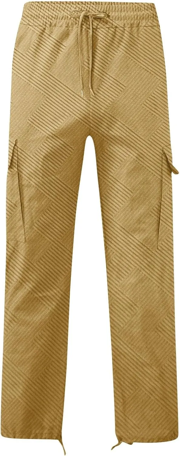 Men??s Cargo Pants Plus Size Drawstring Elastic Waist Summer Work Pants Casual Plain Sport Trousers with Multi Pockets