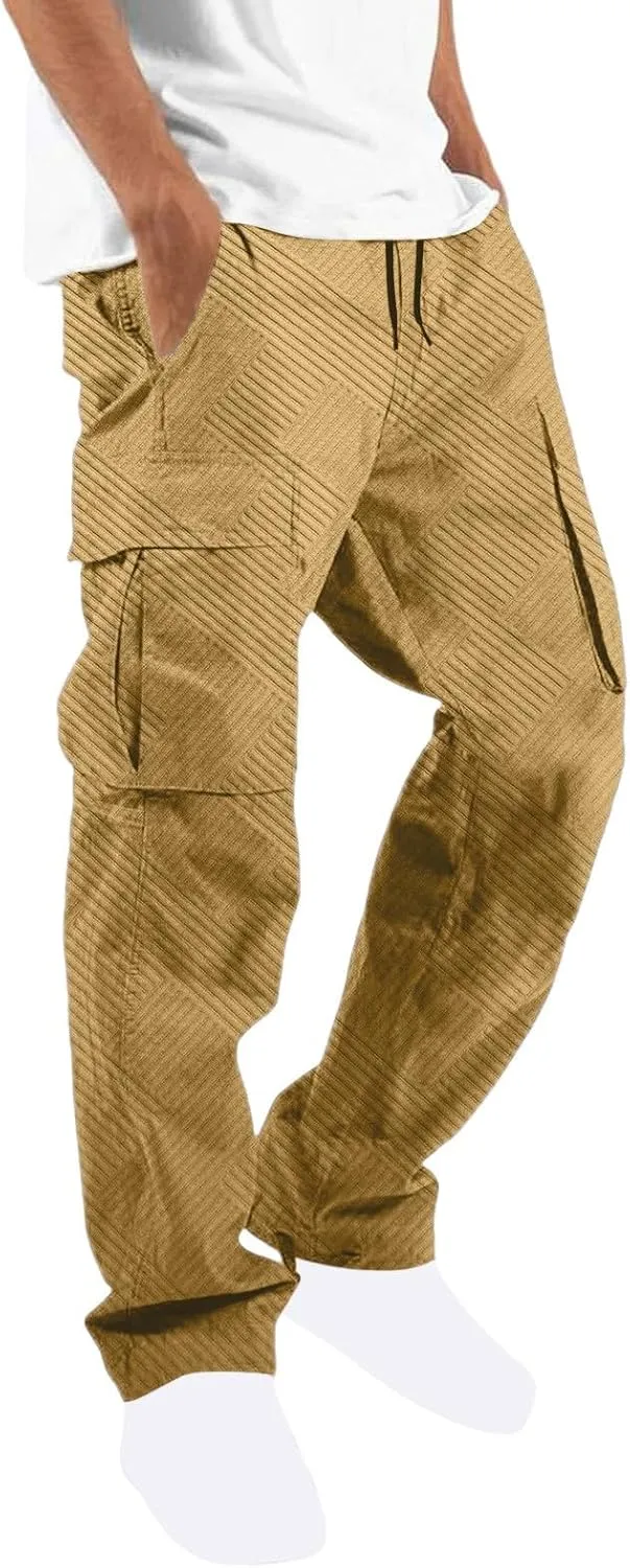 Men??s Cargo Pants Plus Size Drawstring Elastic Waist Summer Work Pants Casual Plain Sport Trousers with Multi Pockets