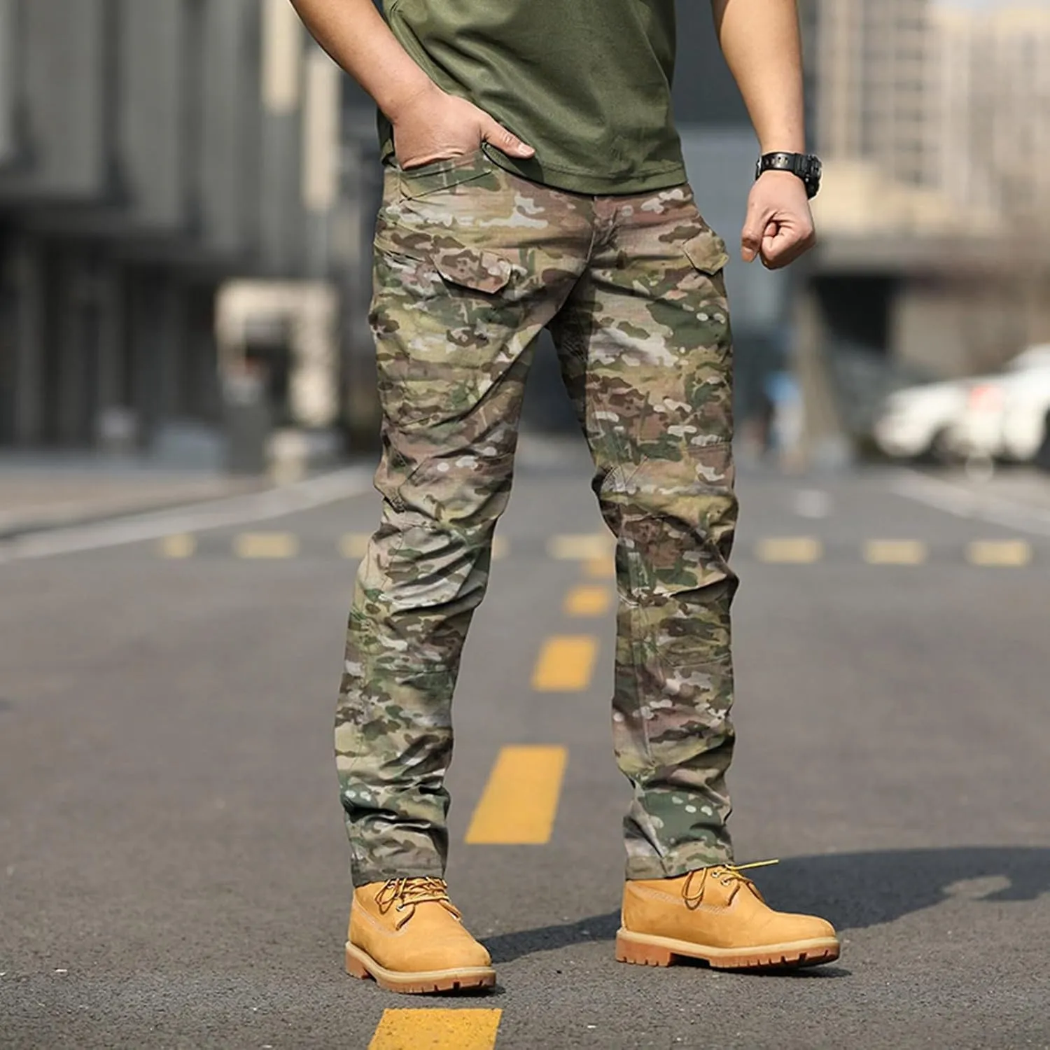Mens Cargo Pants Water Resistant Relaxed Fit Hiking Work Pants Multi Pockets Ripstop Flex Baggy Camo Tactical Trousers S-3XL