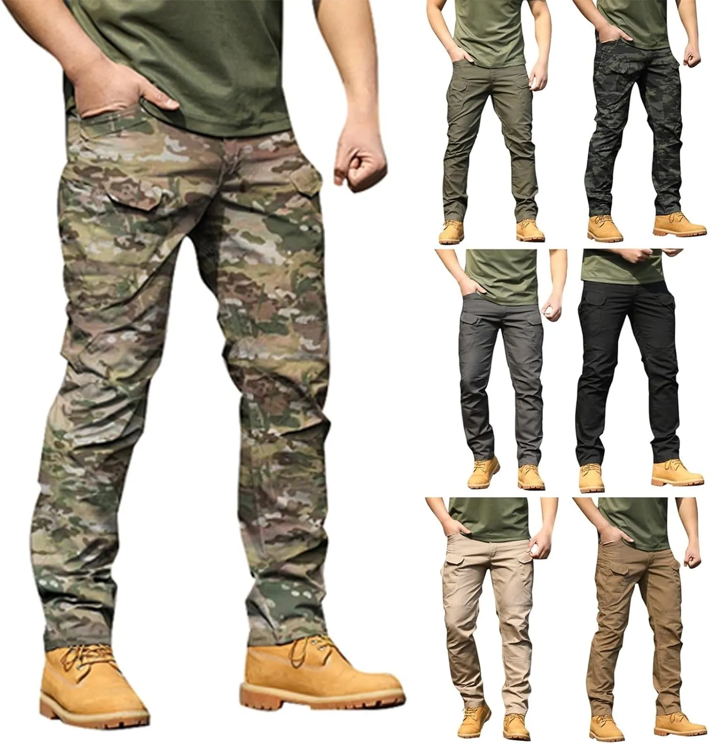 Mens Cargo Pants Water Resistant Relaxed Fit Hiking Work Pants Multi Pockets Ripstop Flex Baggy Camo Tactical Trousers S-3XL