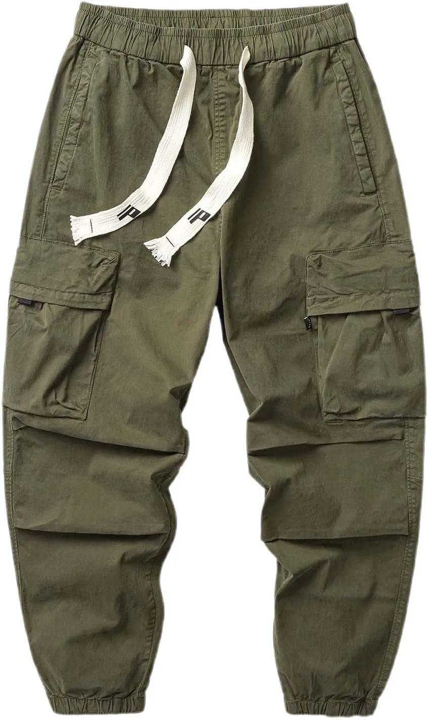 Mens Cargo Pants with Multi Pockets Stretch Work Pants Relaxed Fit Lightweight Drawstring Tapered Military Cargo Joggers