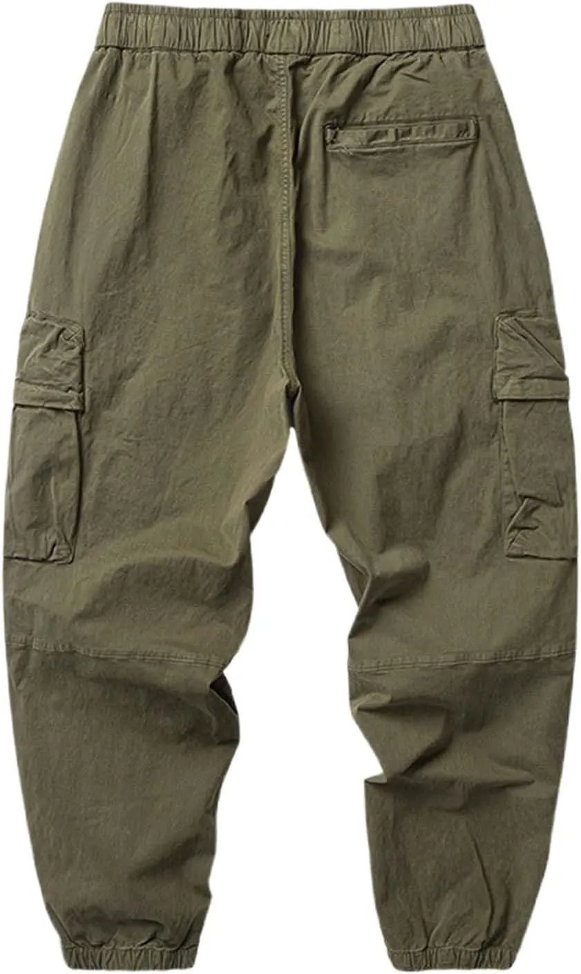 Mens Cargo Pants with Multi Pockets Stretch Work Pants Relaxed Fit Lightweight Drawstring Tapered Military Cargo Joggers