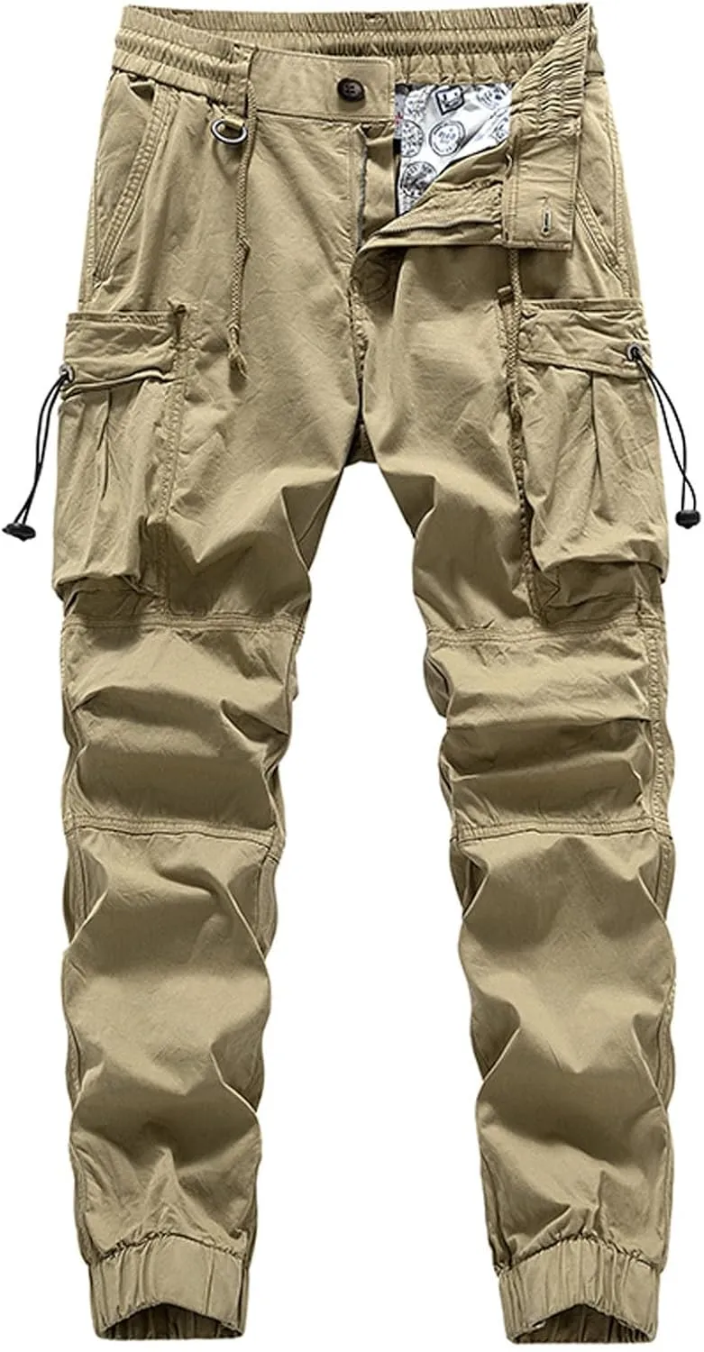 Men's Cargo Pants Work Front Button Elastic Waist Cinch Bottom Hiking Pants Drawstring Tactical Multi Pockets Joggers