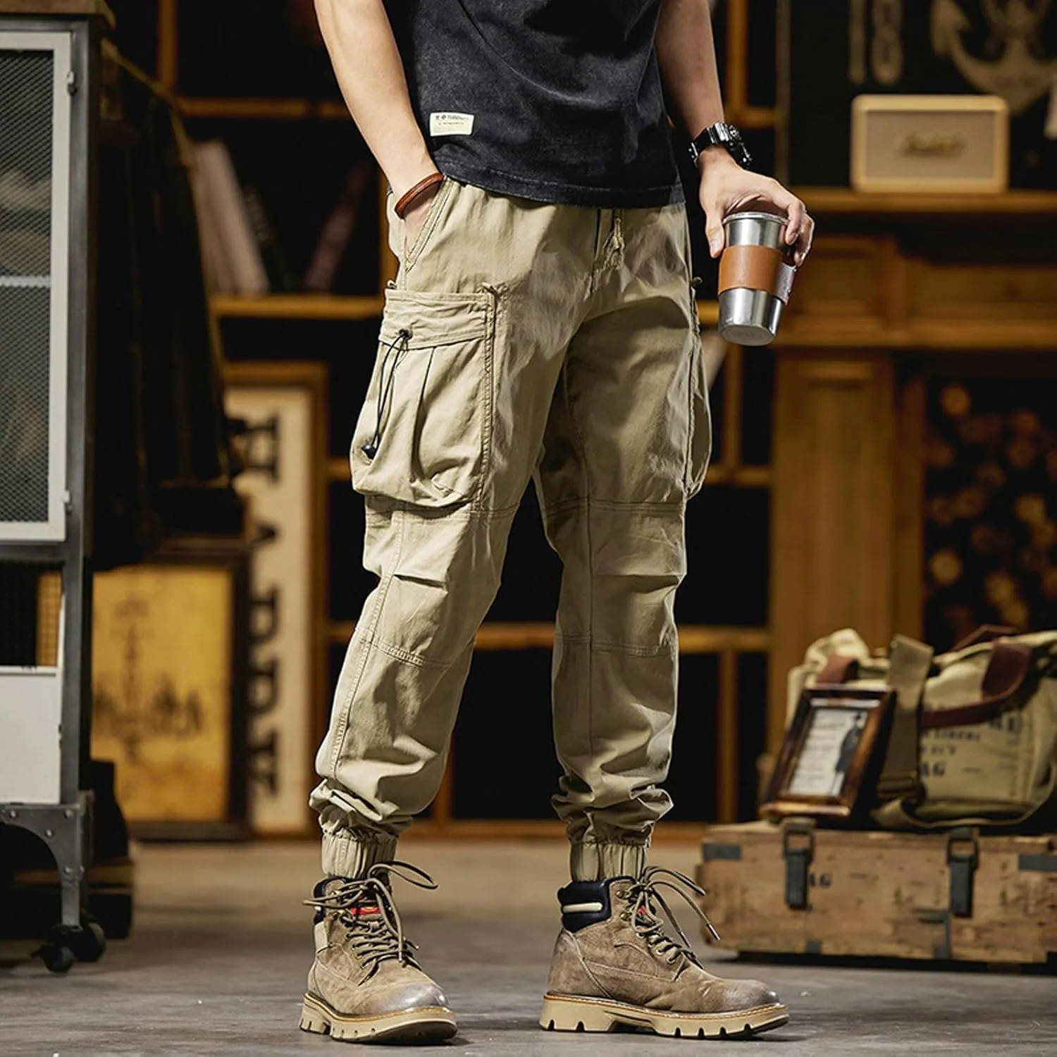 Men's Cargo Pants Work Front Button Elastic Waist Cinch Bottom Hiking Pants Drawstring Tactical Multi Pockets Joggers