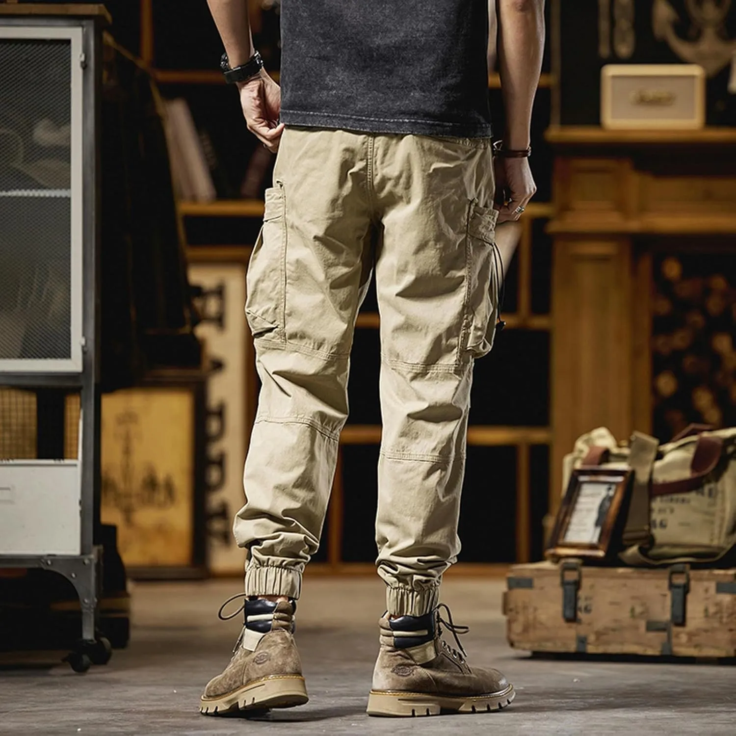 Men's Cargo Pants Work Front Button Elastic Waist Cinch Bottom Hiking Pants Drawstring Tactical Multi Pockets Joggers