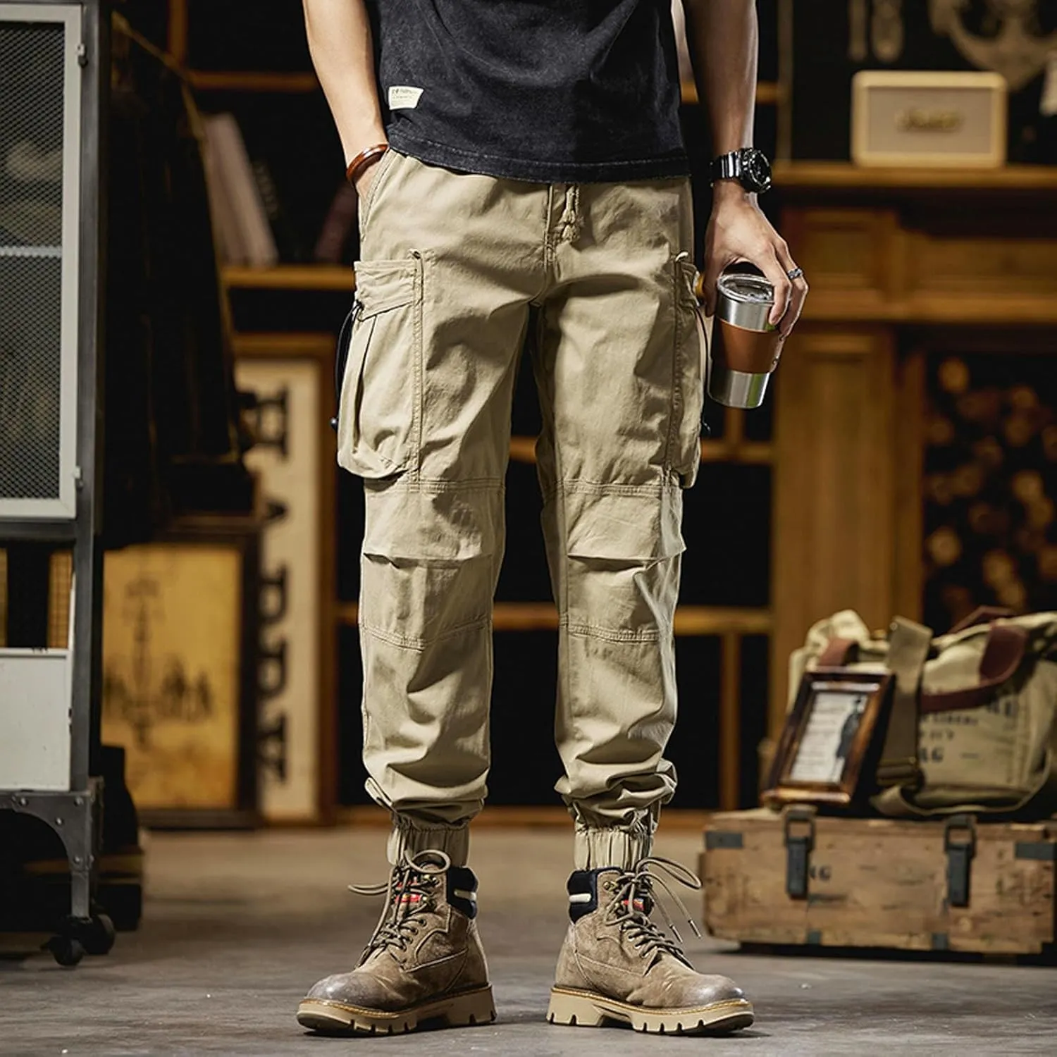 Men's Cargo Pants Work Front Button Elastic Waist Cinch Bottom Hiking Pants Drawstring Tactical Multi Pockets Joggers
