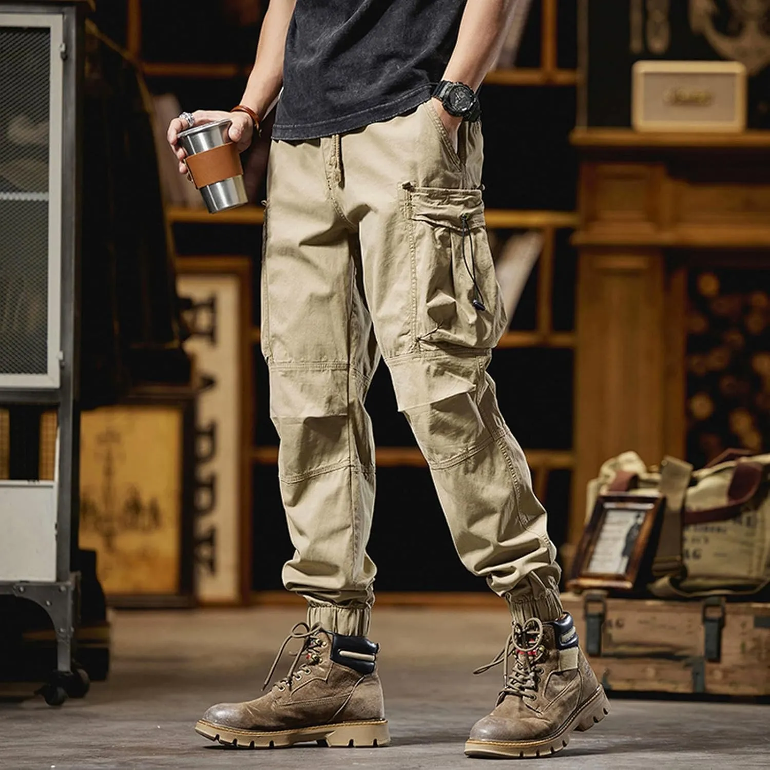 Men's Cargo Pants Work Front Button Elastic Waist Cinch Bottom Hiking Pants Drawstring Tactical Multi Pockets Joggers