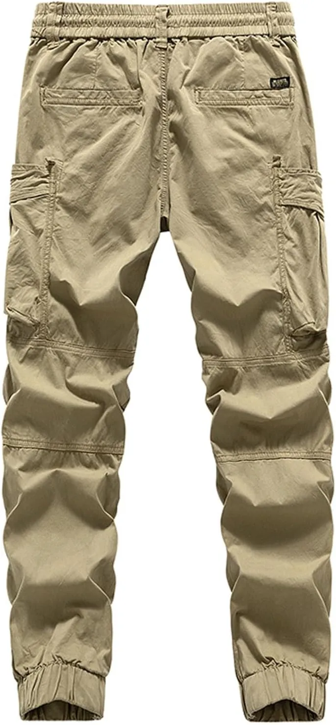 Men's Cargo Pants Work Front Button Elastic Waist Cinch Bottom Hiking Pants Drawstring Tactical Multi Pockets Joggers