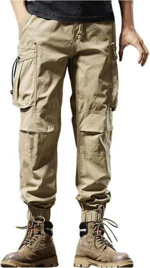 Men's Cargo Pants Work Front Button Elastic Waist Cinch Bottom Hiking Pants Drawstring Tactical Multi Pockets Joggers