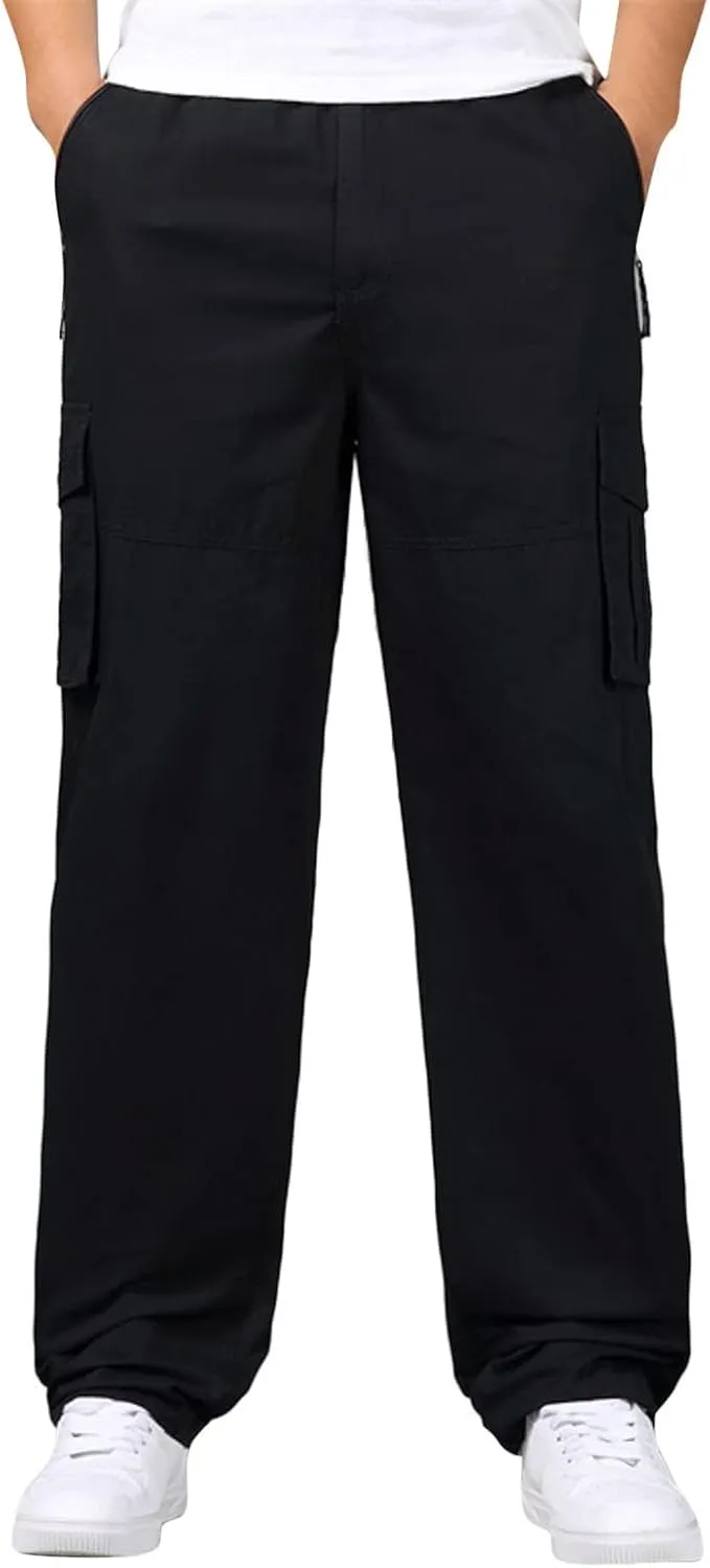 Mens Cargo Work Pants Cotton Plus Size Elastic Waist Straight Leg Tactical Pants Multi-Pocket Outdoor Hiking Pant