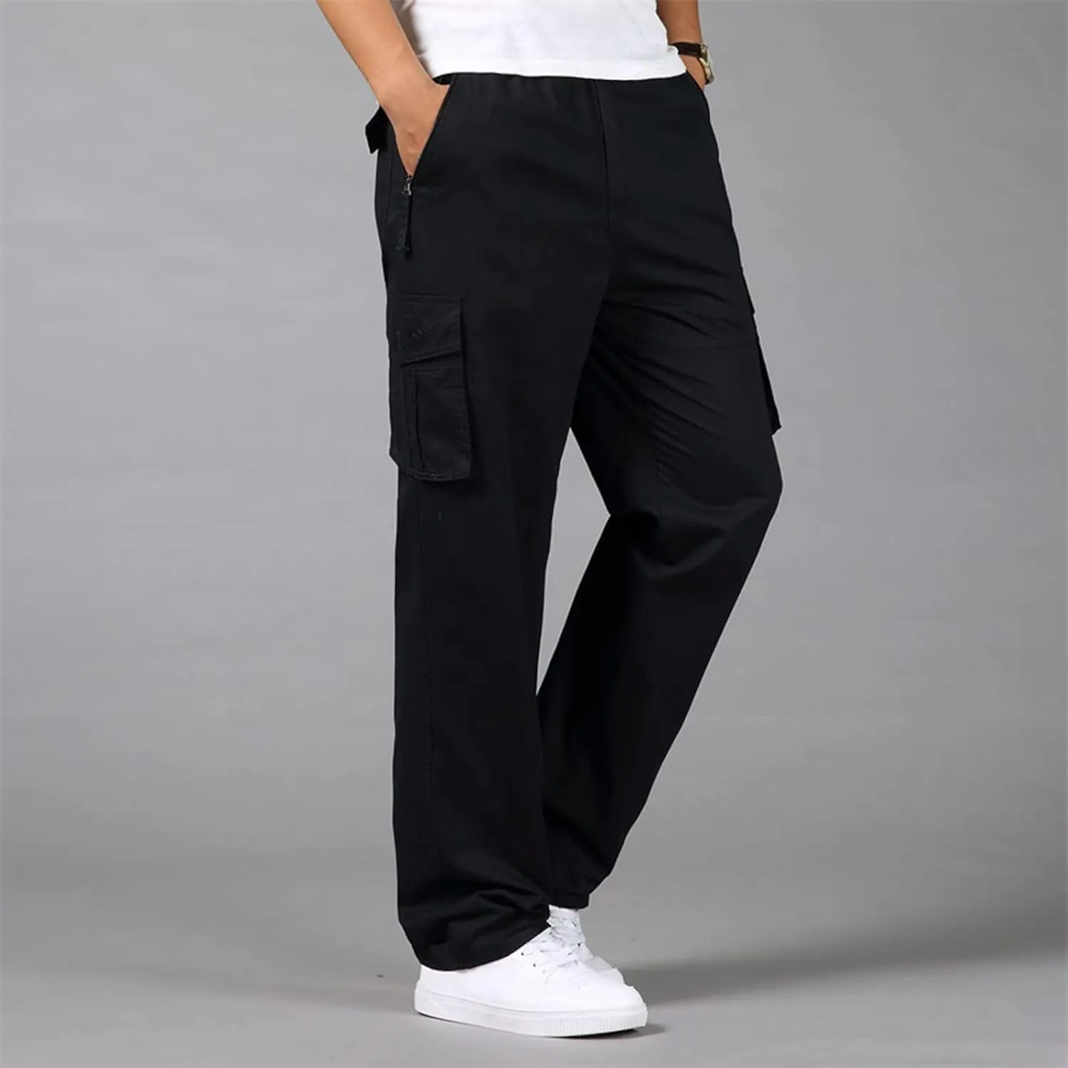 Mens Cargo Work Pants Cotton Plus Size Elastic Waist Straight Leg Tactical Pants Multi-Pocket Outdoor Hiking Pant