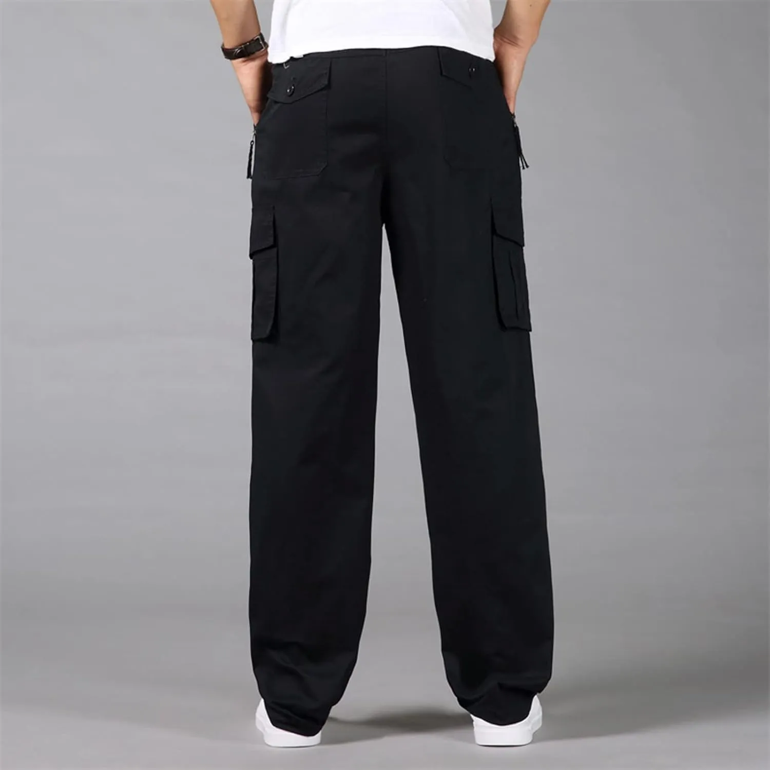 Mens Cargo Work Pants Cotton Plus Size Elastic Waist Straight Leg Tactical Pants Multi-Pocket Outdoor Hiking Pant