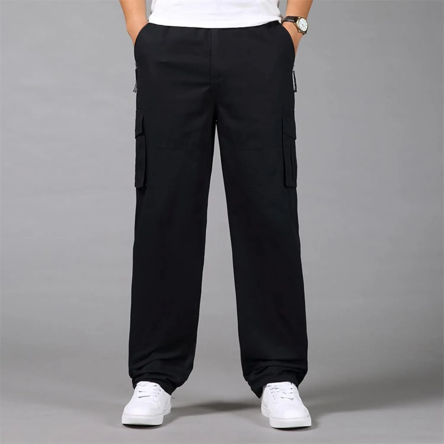 Mens Cargo Work Pants Cotton Plus Size Elastic Waist Straight Leg Tactical Pants Multi-Pocket Outdoor Hiking Pant