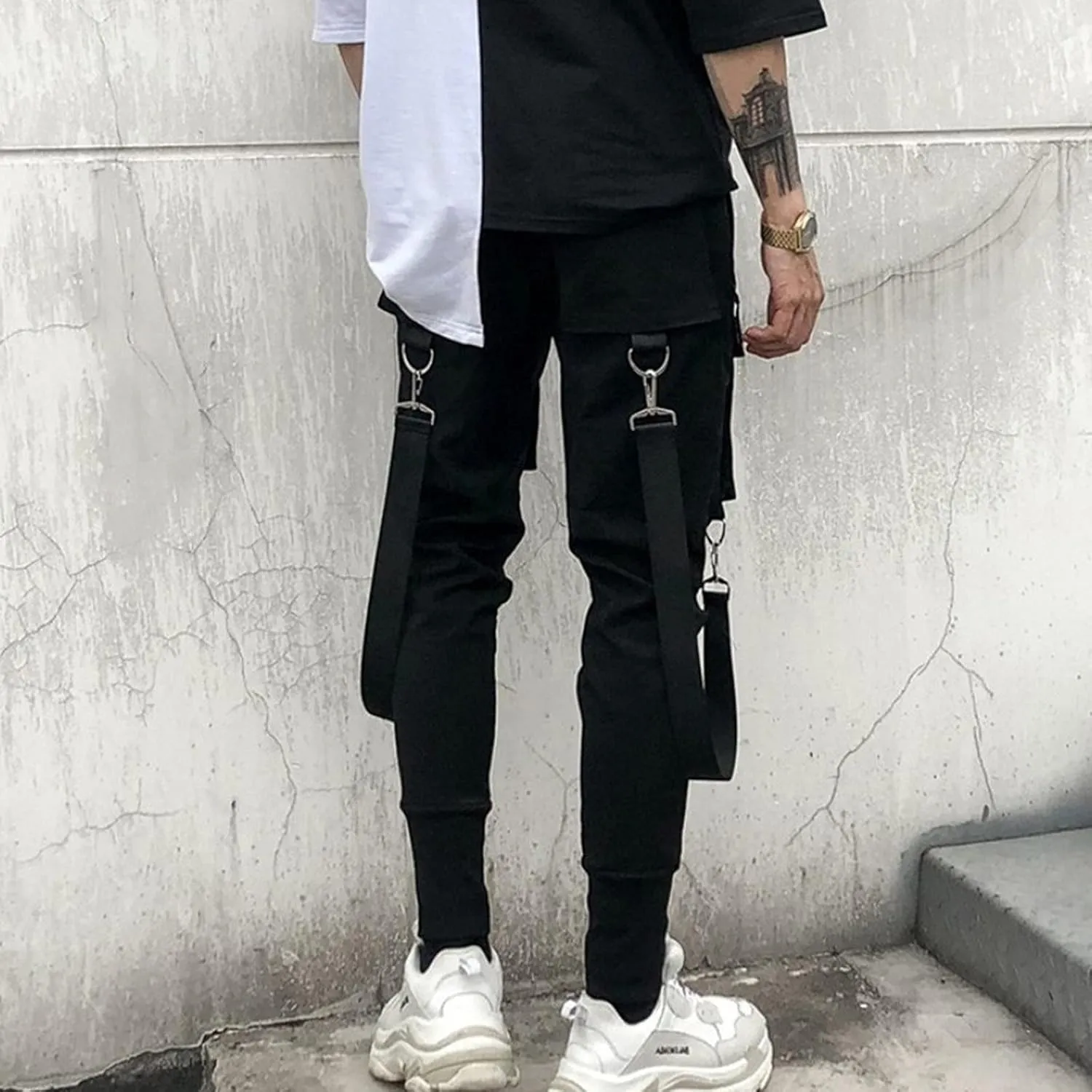 Mens Cargo Work Pants Men's Black Slim fit Punk Cargo Pants Hip-hop Jogger Patchwork Popular Baggy Teachwear Pants