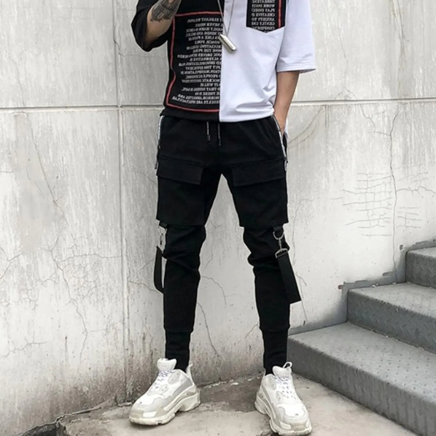 Mens Cargo Work Pants Men's Black Slim fit Punk Cargo Pants Hip-hop Jogger Patchwork Popular Baggy Teachwear Pants