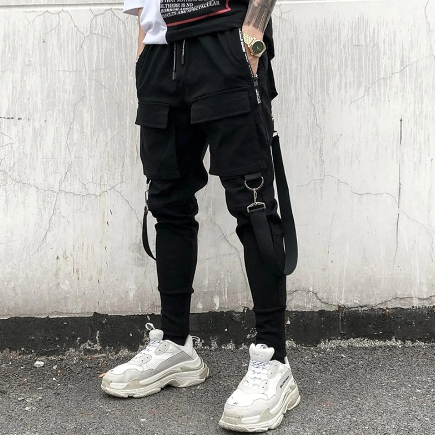 Mens Cargo Work Pants Men's Black Slim fit Punk Cargo Pants Hip-hop Jogger Patchwork Popular Baggy Teachwear Pants
