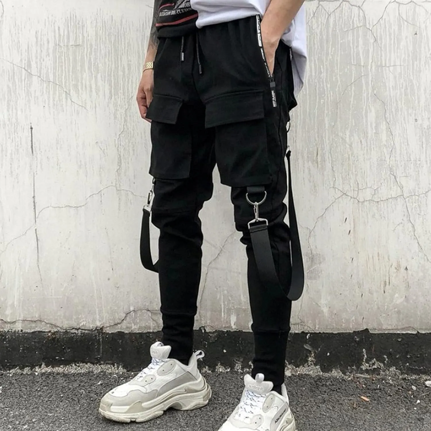 Mens Cargo Work Pants Men's Black Slim fit Punk Cargo Pants Hip-hop Jogger Patchwork Popular Baggy Teachwear Pants