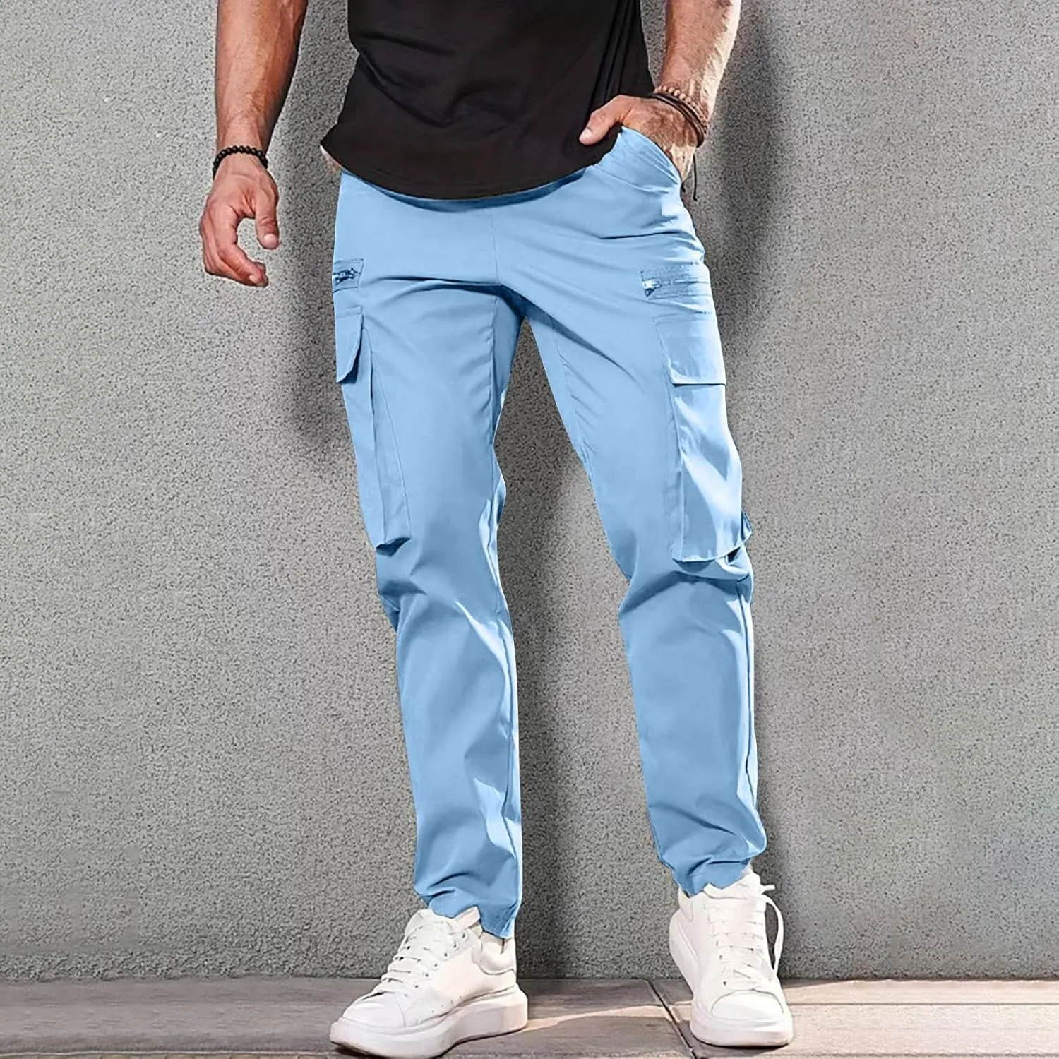 Men's Casual Cargo Joggers Pants Lightweight Quick Dry Drawstring Sweatpants Multi-Pockets Outdoor Hiking Trousers