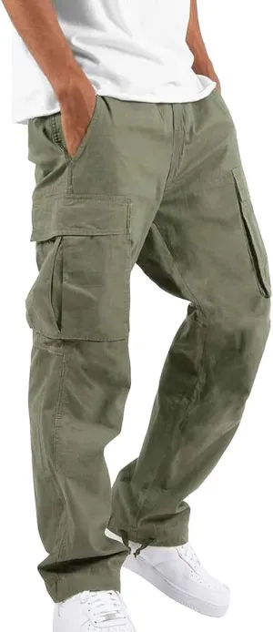 Men's Casual Cargo Pants Drawstring Hiking Pants Straight Leg Workout Tactical Joggers Sweatpants with Pockets