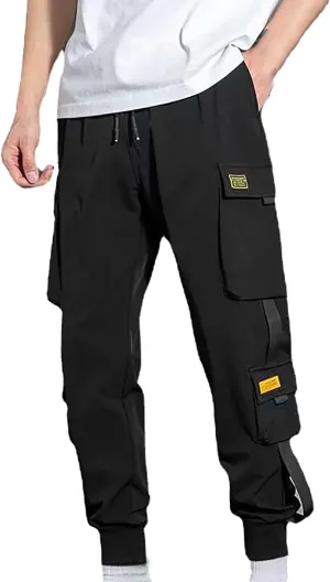 Mens Casual Jogger Pants Active Streetwear Elastic Waist Drawstring Hip Hop Cargo Pants with Multi Pockets