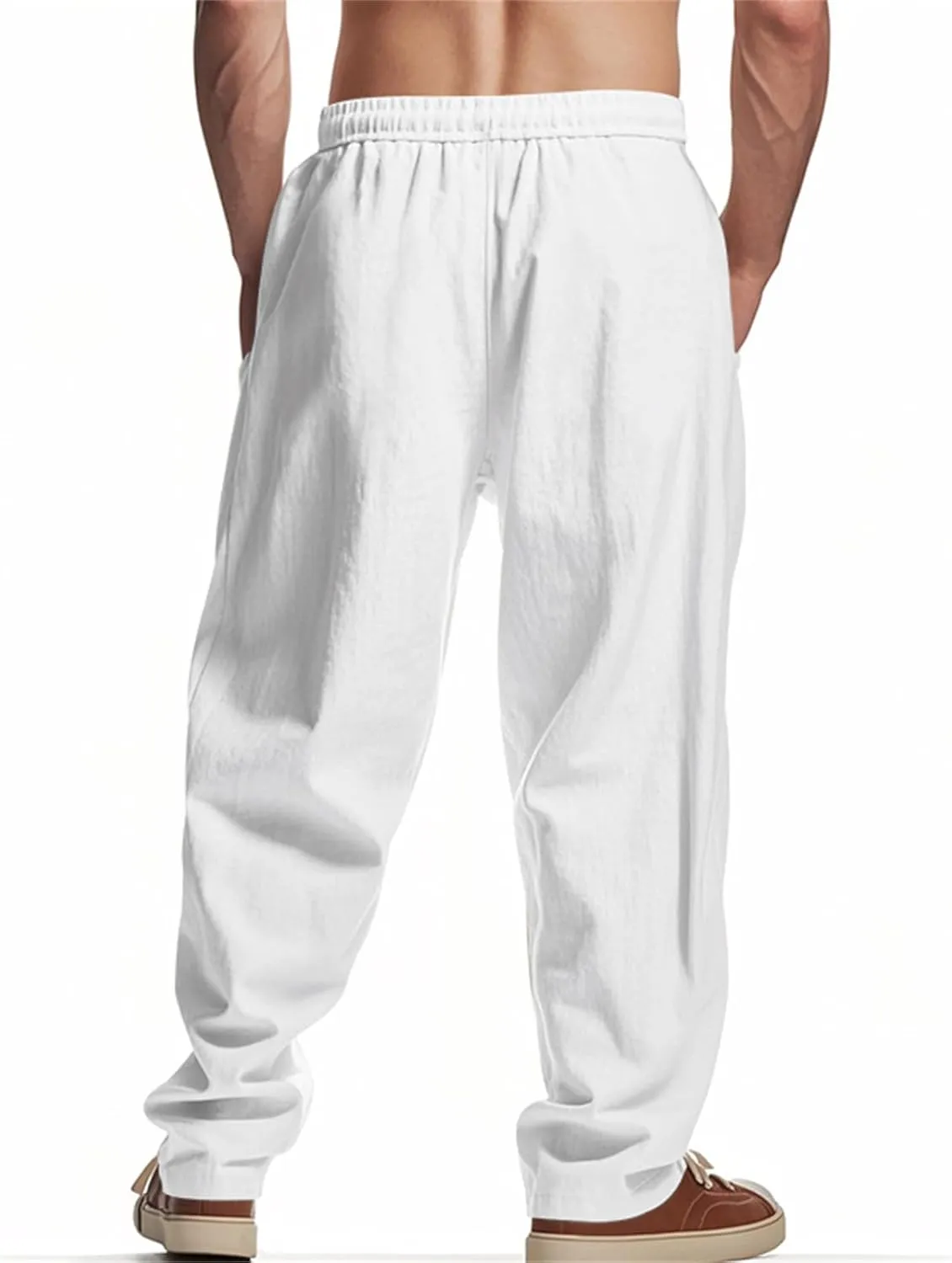 Men's Cotton Linen Pants Elastic Drawstring Waist Summer Beach Pants Casual Loose Lightweight Pant Soft Baggy Trousers