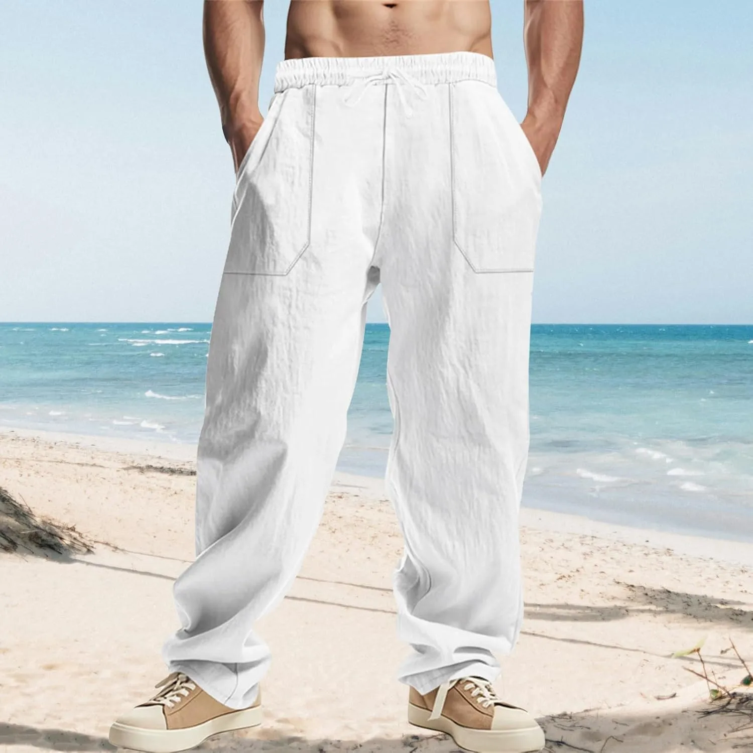 Men's Cotton Linen Pants Elastic Drawstring Waist Summer Beach Pants Casual Loose Lightweight Pant Soft Baggy Trousers